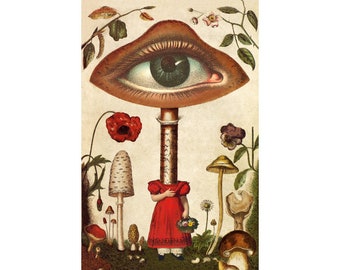 Forest Creature, Surreal collage art print, Vintage mushrooms painting, Antique Eye wall art, Woodland decor, Strange, Psychedelic, Magical