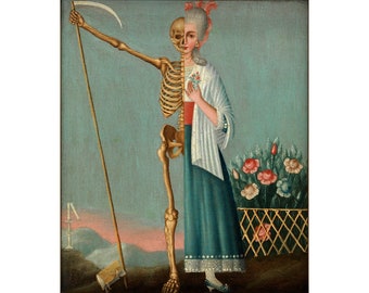 Life and Death antique oil painting, Vintage Memento Mori art print, Death wall art, Femme fatale, Lady skeleton, Grim Reaper, 18th century