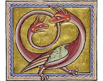 Medieval bestiary art print, Aberdeen bestiary, Illuminated manuscript, Two-headed Bird Dragon Ouroboros, Mythical beast, Antique animal art