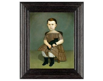 Girl with cat folk art print, Folk child portrait, Primitive Americana, 19th century American, Tuxedo cat, Black kitten, 1800s oil painting