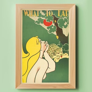Retro kitchen art print, Vintage kitchen wall art, Food art, Forbidden fruit, Eve, Leopard, Woman, Kitsch art, Funny kitchen poster