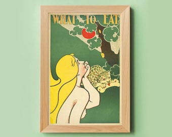 Retro kitchen art print, Vintage kitchen wall art, Food art, Forbidden fruit, Eve, Leopard, Woman, Kitsch art, Funny kitchen poster