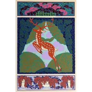 Art nouveau deer art print, Buck, Leaping deer, Animal design art, Pattern, Colorful animal art, Forest animal art, Woodland, Deer wall art