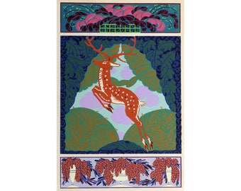 Art nouveau deer art print, Buck, Leaping deer, Animal design art, Pattern, Colorful animal art, Forest animal art, Woodland, Deer wall art
