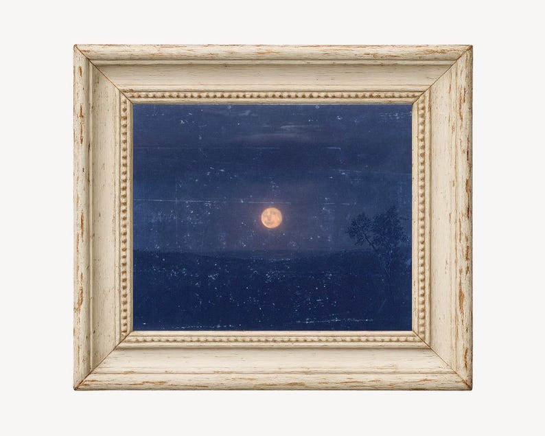 Vintage moon painting, Moonlight art print, Antique celestial wall art, Night sky, Blue, Old moon art, Frederic Edwin Church, 19th century image 3