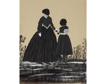 Folk art silhouette of black woman and black girl art print, African American mother and child, 19th century Primitive Americana wall art