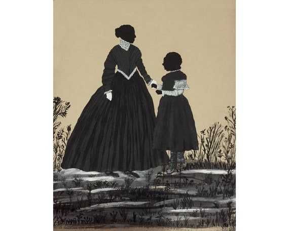 Folk art silhouette of black woman and black girl art print, African American mother and child, 19th century Primitive Americana wall art
