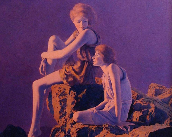 Maxfield Parrish Contentment Print, Art Nouveau Women, Two Girls