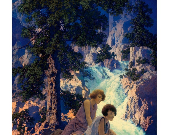 The Waterfall, Maxfield Parrish Art Print, Two Women, Vintage