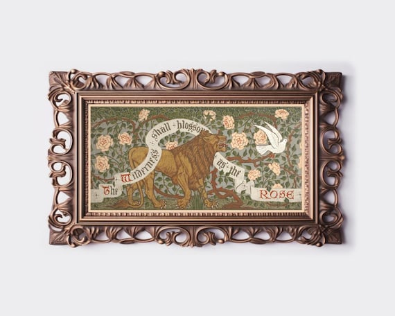 The Wilderness Shall Blossom as the Rose, Art nouveau painting, Walter Crane design, Arts and Crafts, Lion art print, Enchanted forest
