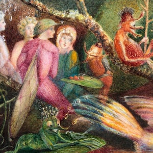 May include: A whimsical illustration featuring a group of fairies and fantastical creatures in a forest setting. The fairies are dressed in flowing gowns and have delicate wings. The creatures are colorful and have unique features, such as horns and feathers. The illustration is painted in a soft, ethereal style.