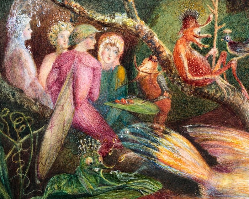 May include: A whimsical illustration featuring a group of fairies and fantastical creatures in a forest setting. The fairies are dressed in flowing gowns and have delicate wings. The creatures are colorful and have unique features, such as horns and feathers. The illustration is painted in a soft, ethereal style.