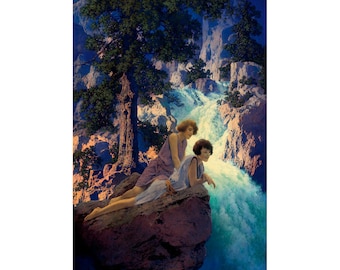 La cascada, lámina de Maxfield Parrish, Dos mujeres, Arte mural vintage de naturaleza, Pintura de una diosa, Montañas, Río, Aire libre, Naturaleza salvaje