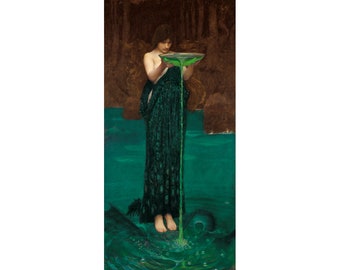 May include: A woman in a flowing green gown stands in a pool of water, holding a bowl from which a green liquid pours. The water is a deep teal color and the woman's expression is serious.