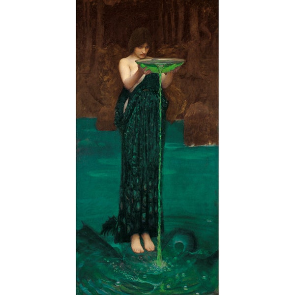 Impression d'art Circe Invidiosa, peinture de John William Waterhouse, art mural déesse païenne vintage, art mythologique antique, sorcière, sorcière