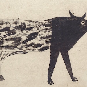 May include: A black and white ink drawing of a cow with a stylized, abstract design. The cow is depicted in profile, with its head turned to the right. The artist has used bold, expressive strokes to create a sense of movement and energy.
