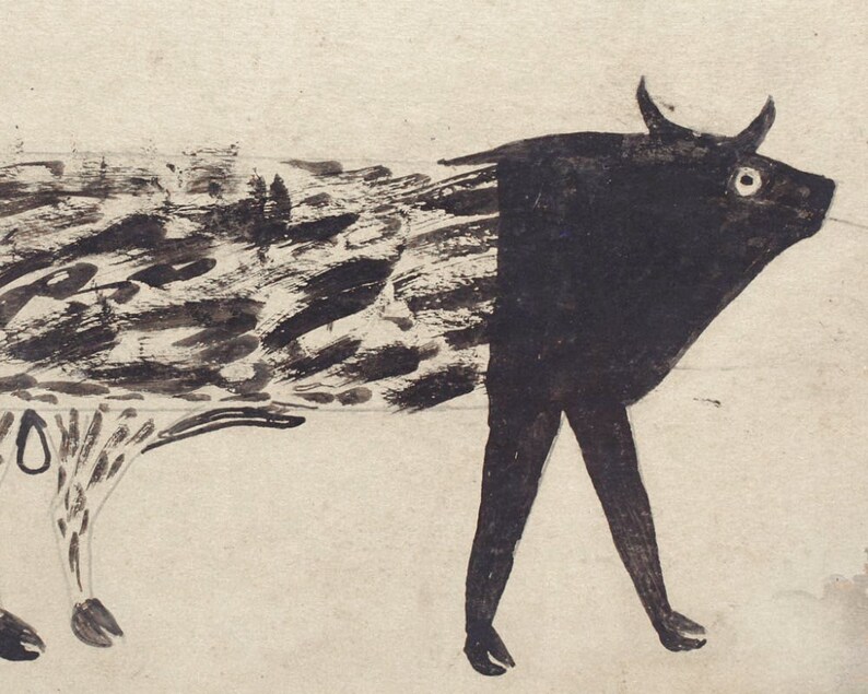 May include: A black and white ink drawing of a cow with a stylized, abstract design. The cow is depicted in profile, with its head turned to the right. The artist has used bold, expressive strokes to create a sense of movement and energy.