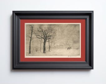 Lone wolf art print, Wildlife wall art, Wolf drawing, Antique etching, Winter landscape, Snow, Northwoods, Vintage animal black and white