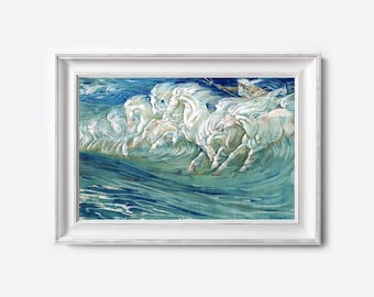 Neptune's Horses art print, Walter Crane painting, Poseidon, Sea God, Mythology wall art, Blue bathroom decor, Beach house, Ocean, Waves