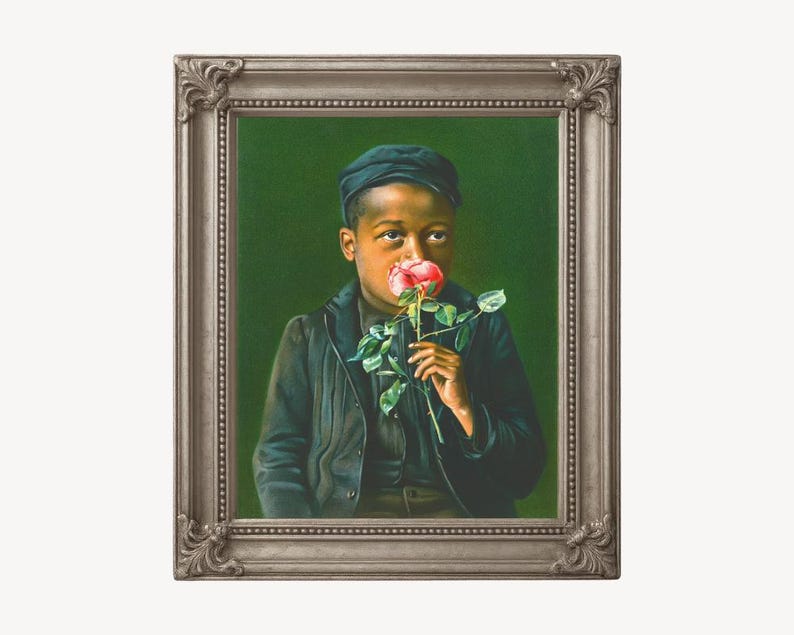 African American boy fine art print, Child smelling a rose, Black child portrait, People of color, Antique oil painting, Vintage wall art Bild 11