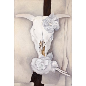 Cow's Skull with Calico Roses, Georgia O'Keeffe art print, Animal skull painting, Skull with flowers, Desert wall art, Modern art, Fine art