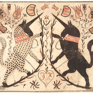 May include: A black and white folk art drawing of two unicorns facing each other. The unicorns are adorned with red and white checkered collars and are surrounded by stylized floral designs. The date "1799" is inscribed in a heart shape at the bottom of the drawing.