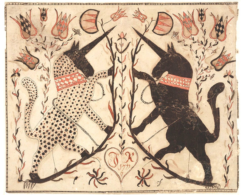 May include: A black and white folk art drawing of two unicorns facing each other. The unicorns are adorned with red and white checkered collars and are surrounded by stylized floral designs. The date "1799" is inscribed in a heart shape at the bottom of the drawing.