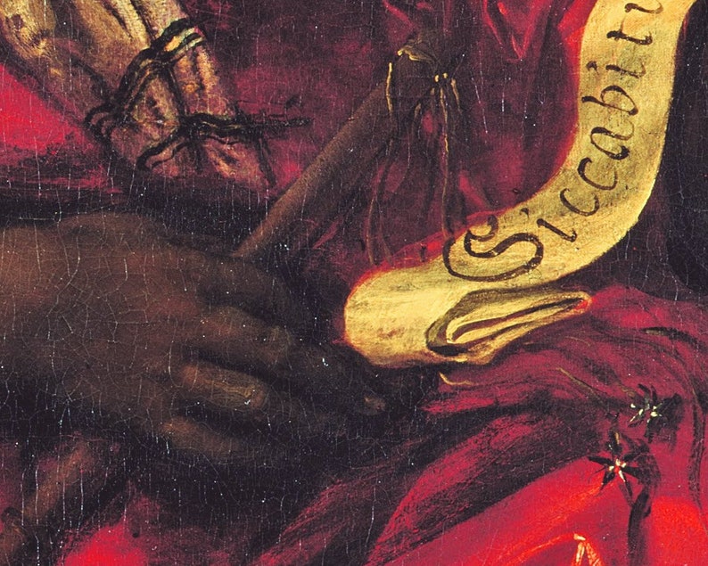 May include: A close-up of a painting depicting a hand holding a scroll with the word "Siccobit" written in gold lettering.