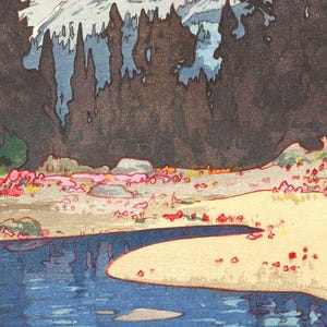May include: A colorful landscape print featuring a river, sandy shore, and trees. The water is blue, the sand is beige, and the trees are dark brown. Pink and red accents dot the shore, with a light blue sky peeking through the trees.