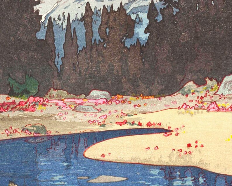 May include: A colorful landscape print featuring a river, sandy shore, and trees. The water is blue, the sand is beige, and the trees are dark brown. Pink and red accents dot the shore, with a light blue sky peeking through the trees.