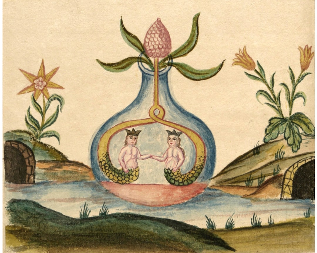Alchemical Drawing Art Print, Antique Mermaids Painting, Alchemy