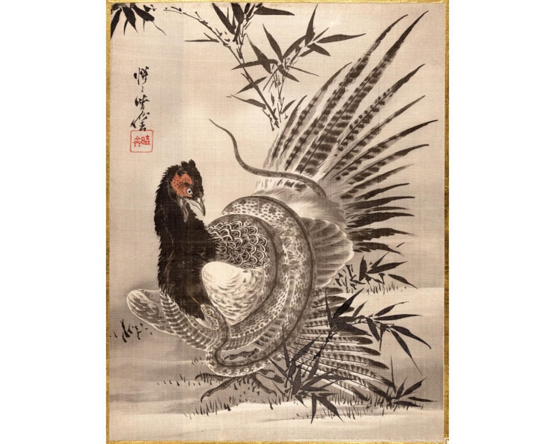 Pheasant and Snake Art Print, Wildlife Painting, Japanese Animal