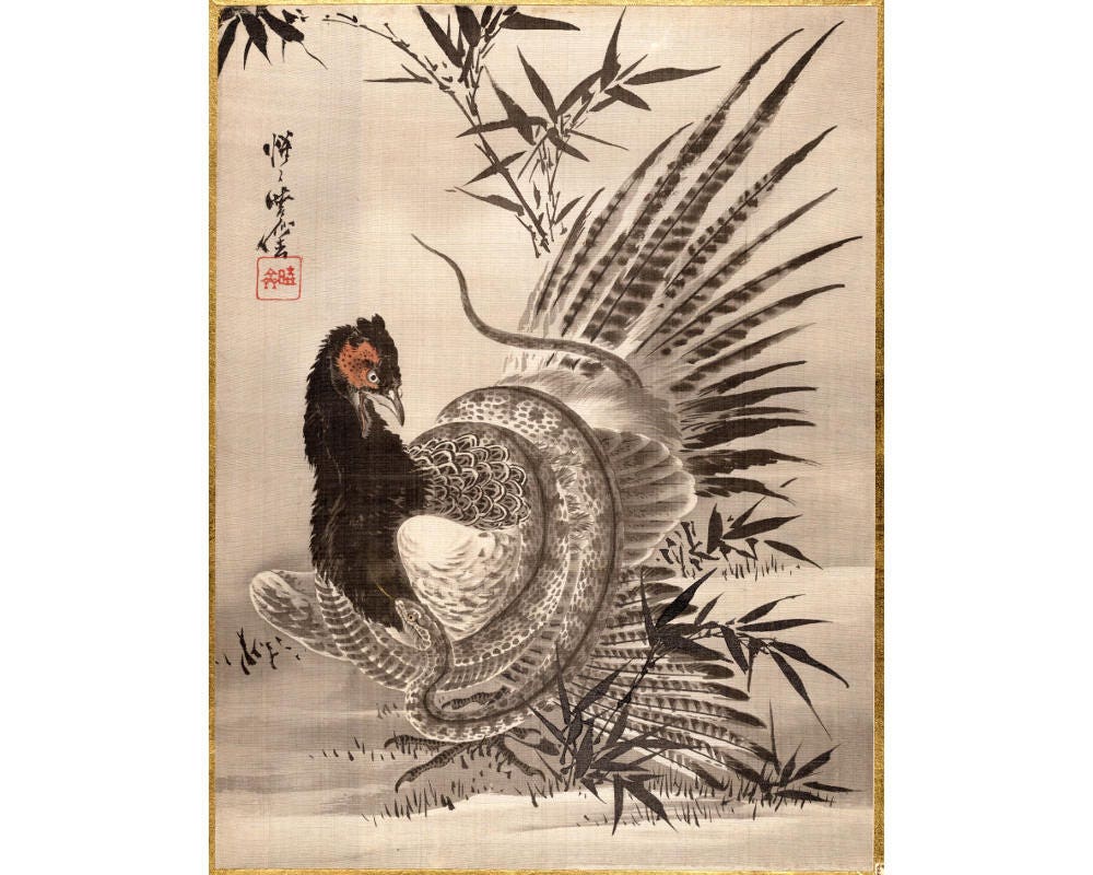ARABIA vintage GOG アートプレート(ニワトリ/19.5cm) Pheasant and Snake Art Print, Wildlife Painting, Japanese Animal
