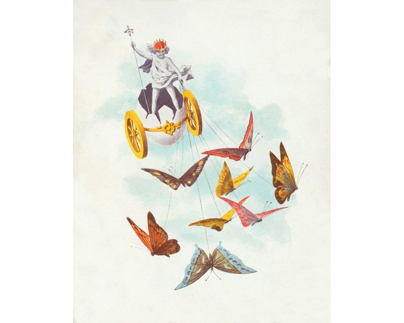 May include: A whimsical illustration of a crowned figure riding in a golden egg-shaped carriage pulled by colourful butterflies. The figure is holding a staff and wearing a white robe. The butterflies are flying in a circle around the carriage.