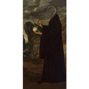 May include: An artistic painting depicts a figure in a long black robe, holding a white vessel and a feather. The figure's head is replaced by a stylized, curved shape. The background features a landscape with a cloudy sky.