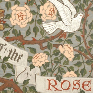 May include: A vintage illustration of a white dove flying over a rose bush with the text "As the Rose" on a banner.