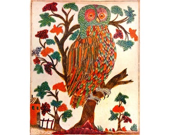 Russian folk art owl print, Lubok art, Colorful antique owl art, Vintage owl art, Animal art, Bird art, Owl poster, Owl wall art, Russia art