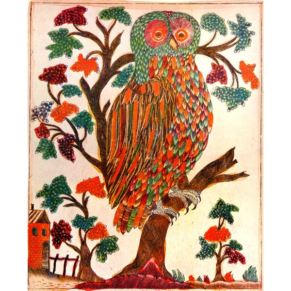 Russian folk art owl print, Lubok art, Colorful antique owl art, Vintage owl art, Animal art, Bird art, Owl poster, Owl wall art, Russia art