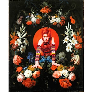 May include: A painting of a person with red hair wearing a colorful sweater and a blue ribbon, surrounded by a wreath of flowers.