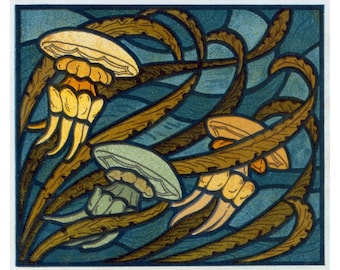 Jellyfish art print, Art nouveau art print, Arts and crafts wall art, Sealife, Art nouveau artwork, Jellyfish poster, Ocean animals