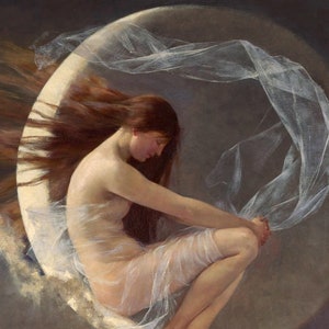May include: A woman with long flowing red hair sits on a crescent moon, draped in a sheer white fabric. The background is a dark, muted brown.