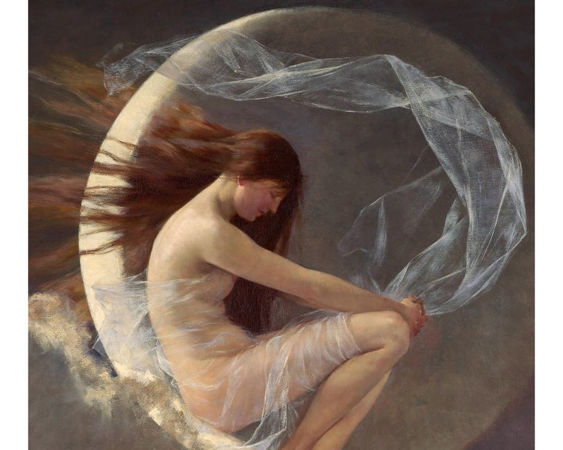 May include: A woman with long flowing red hair sits on a crescent moon, draped in a sheer white fabric. The background is a dark, muted brown.