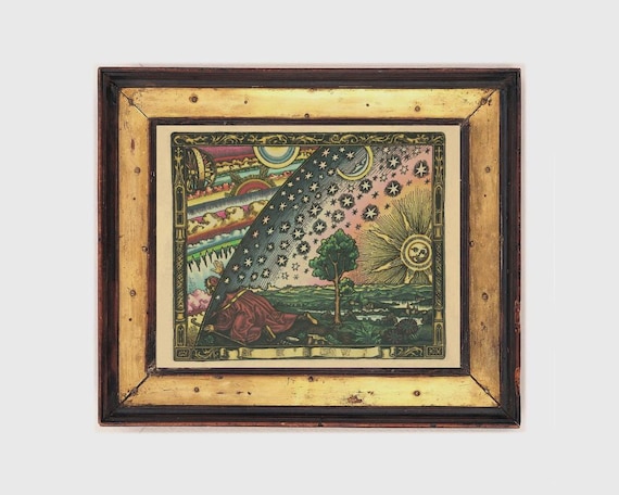 The Flammarion Engraving art print, Antique Astronomy wall art, Vintage Cosmos painting, Colored, Old Universe Map, Medieval, Sun Moon Stars