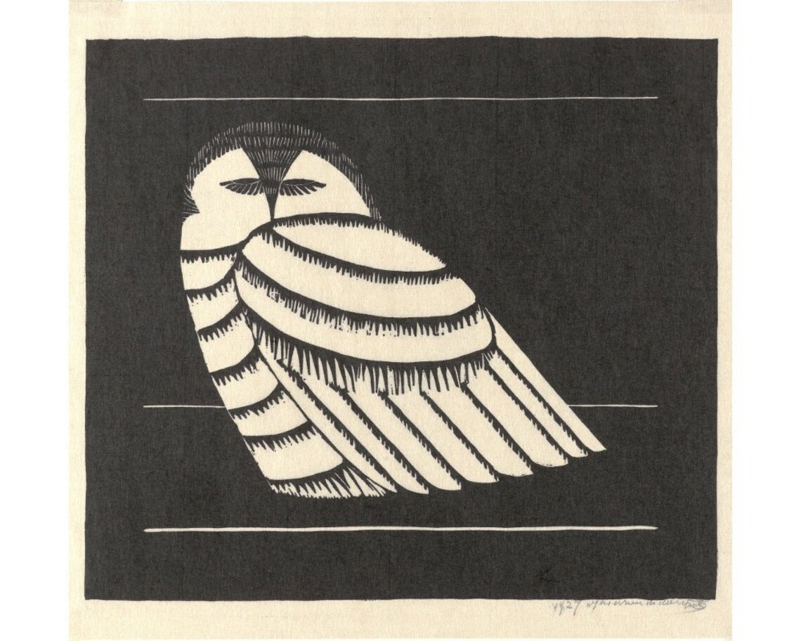 Snowy Owl Art Print, Vintage Owl Wall Art, Black and White Woodcut ...