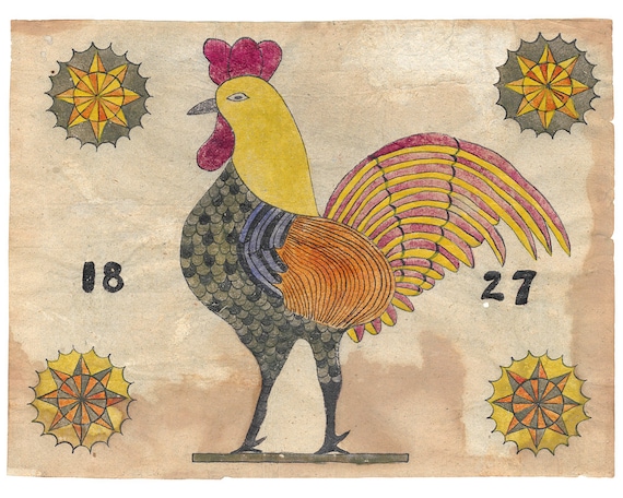 Folk rooster art print, Antique folk art painting, Vintage chicken wall art, Primitive Americana decor, Farm kitchen art, Pennsylvania Dutch