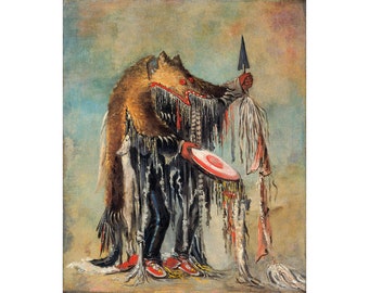 Impresión de arte chamán, pintura de curandero, George Catlin, arte de pared nativo americano vintage, arte tribal antiguo, indio de pies negros, arte místico