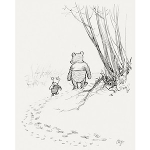 Vintage Winnie the Pooh illustration art print, E.H. Shepard drawing 1926, Pooh and Piglet walking away in the woods, Kids, Nursery wall art image 1