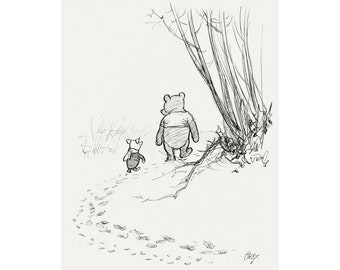 Vintage Winnie the Pooh illustration art print, E.H. Shepard drawing 1926, Pooh and Piglet walking away in the woods, Kids, Nursery wall art