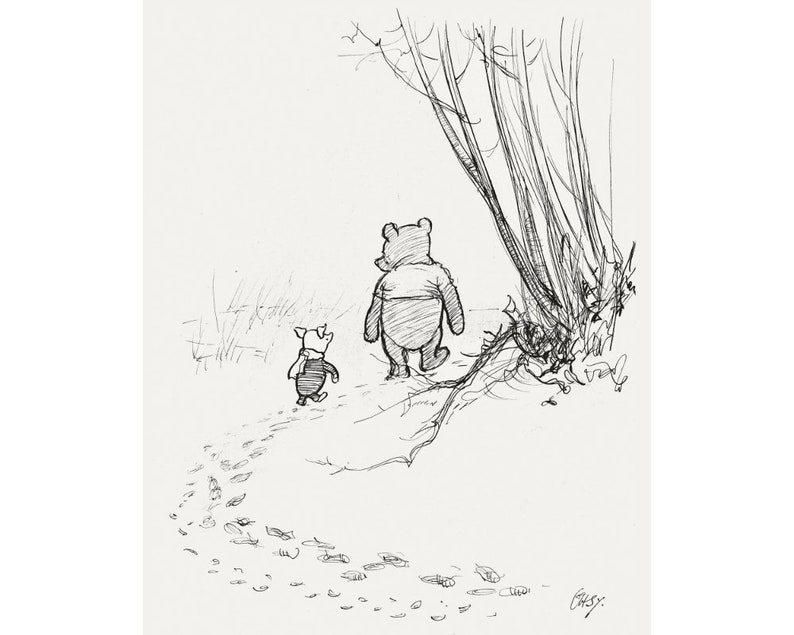 Vintage Winnie the Pooh illustration art print, E.H. Shepard drawing 1926, Pooh and Piglet walking away in the woods, Kids, Nursery wall art image 1