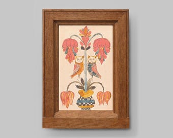 Folk art owls fraktur painting, Antique owl art print, Vintage owls wall art, Primitive Americana home decor, 19th century, Pink flowers